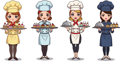 Cartoon female chefs holding dessert trays, colorful sweets, baking uniforms, pastry presentation, culinary character design, food art illustration