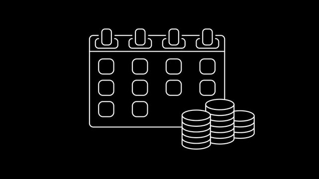 Regular payment icon animation &ndash; calendar with recurring schedule, automatic billing process. Seamless loop HD line motion graphic, isolated on black background.