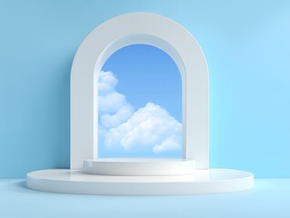 White Archway with Blue Sky Background and Product Display Platform