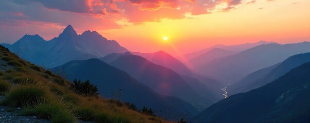 Serene sunrise over a mountain range, conveying a sense of peace and spiritual connection with nature  Ideal for meditation, mindfulness, and spiritual growth themes ,  connection,  wellbeing