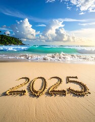 Sandy beach scene displays the year 2025, marked in the golden sand at sunrise.