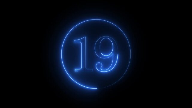 Countdown timer with glowing blue neon light showing number 19 in a circle on black background, perfect for new years eve, events, or any celebration that needs a countdown