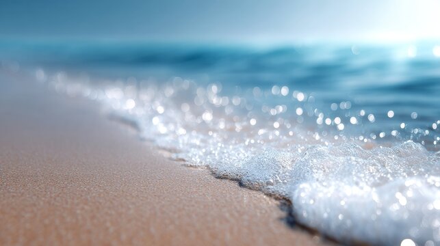 A serene beach scene captured in soft focus. The gentle waves touch the sandy shore. This image radiates calm and tranquility, perfect for relaxation and vacation themes. AI