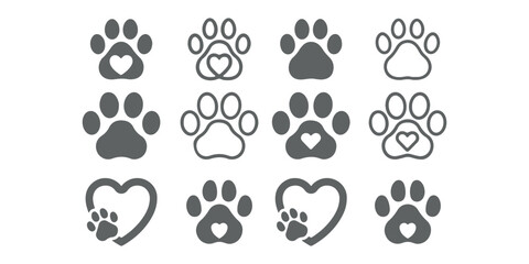 Fototapeta premium Animal paw print icons representing dog and cat tracks, pet footprints, wildlife trail, symbol of pets, veterinary care, animal shelter, adoption, and pet-friendly design concept 