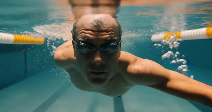 Pushing off pool wall senior swimmer performing front crawl laps at pool, with goggles, lane rope