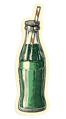 Vintage inspired illustration of a green soda bottle with a striped straw