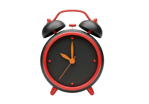 Retro red and black twin bell alarm clock isolated on transparent background