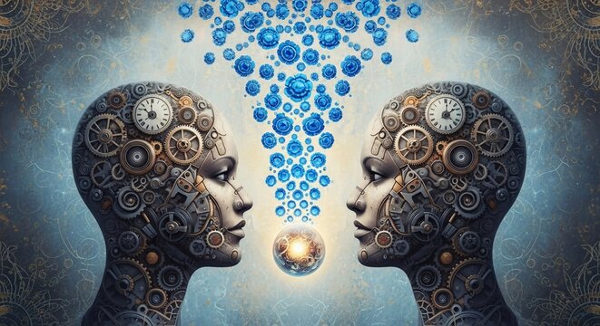 Two mechanical human profiles facing each other with blue floral pattern and glowing sphere between - Powered by Adobe