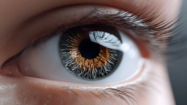 Extreme close-up of a human eye, revealing the intricate details of the iris with its radial patterns and the central dark pupil.