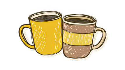 Hand drawn doodle sticker illustration of two coffee mugs