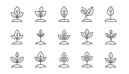 Fototapeta premium A collection of various plant sprout illustrations, depicted in a simple line art style.