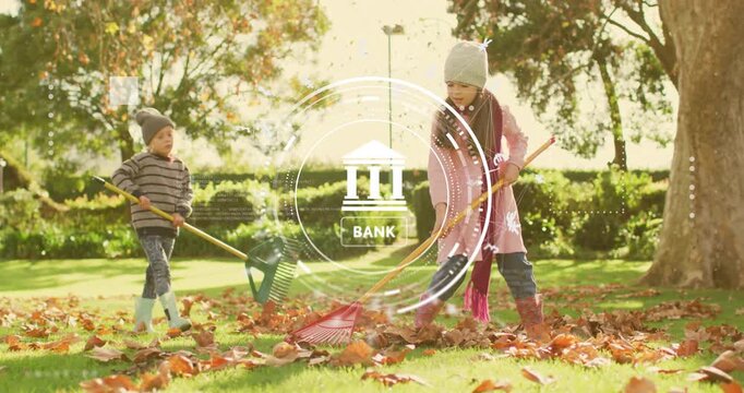 Girl sweeping leaves with rake activating clear bank logo as brother gathering leaves for finance