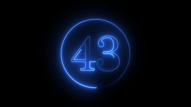 Illuminated forty three numeral in a vibrant blue hue, encased within a luminous circular frame, set against a stark black backdrop, creating a captivating contrast and modern aesthetic appeal