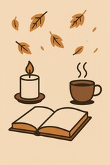Minimal autumn illustration: steaming mug and candle on a book with falling leaves—warm, cozy background for seasonal designs.