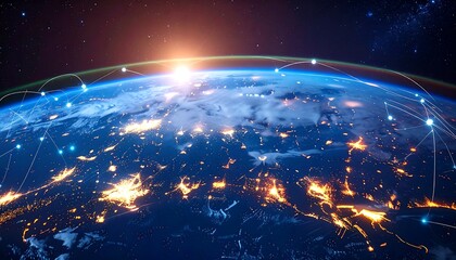 Global network connections envelop a nighttime Earth, illuminated by city lights, from space.