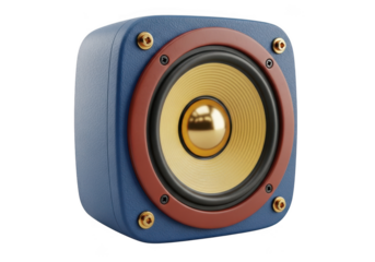 Retro blue speaker with golden cone isolated on transparent background