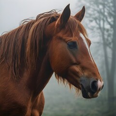 Close-up portrait of a majestic chestnut horse's head and neck emerging from morning fog, soft light just highlighting contours, moody atmosphere, no people,Generative Ai
