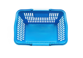 Bright blue plastic shopping basket isolated on transparent background