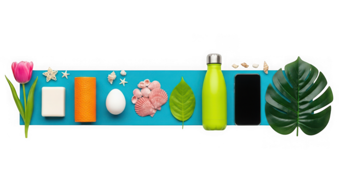 Flat lay of various objects including a tulip, soap, orange, egg, shells, leaves, bottle, and phone on a blue background isolated on transparent background