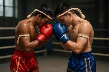 Two Muay Thai athletes demonstrating respect by touching gloves in the ring, embodying the spirit of martial arts tradition before their match