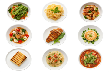 Nine Delicious and Varied Food Dishes on White Plates, Perfect for Culinary Inspiration and Meal Planning