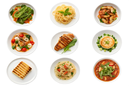 Nine Delicious and Varied Food Dishes on White Plates, Perfect for Culinary Inspiration and Meal Planning
