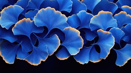 Vibrant Blue Ginkgo Leaves on Black Background