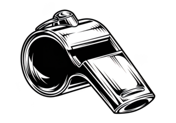 Black and white illustration of a metal whistle isolated on transparent background