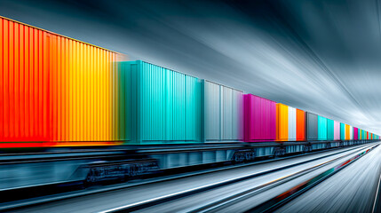 Zukunft der Transportlogistik mit autonomen Elektro-LKWs und modernen Containerzügen. Szenen zu nachhaltiger Mobilität, Smart Logistics, Supply Chain, grüner Infrastruktur und globalem Warenverkehr.