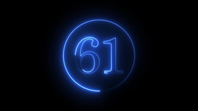 isolated number 61 animation with a neon light effect. digital display showing the number 61 in blue neon. animated blue neon number 61 in a circle. seamless loop of a glowing blue number sixty-one.