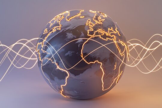 Global interconnectedness: A 3D rendering of Earth with glowing energy waves illustrating worldwide communication and digital networks.