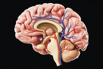 Realistic 3D cross section of the human brain showing cranial nerves and neural pathways for medical science education cognitive mapping and healthcare research