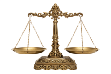 Ornate antique brass balance scale representing the scales of justice isolated on a white background. A vintage symbol of law, equality, and fair judgment