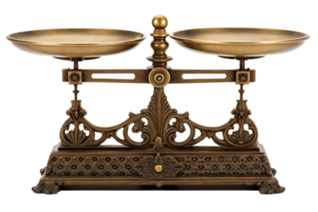 Antique Brass Balance Scale with Elaborate Ornate Base and Chains, Perfect for Representing Justice, Measurement, or Vintage Charm