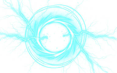 Abstract Blue Energy Swirl with Lightning Strikes and Particles	Isolated on a transparent background