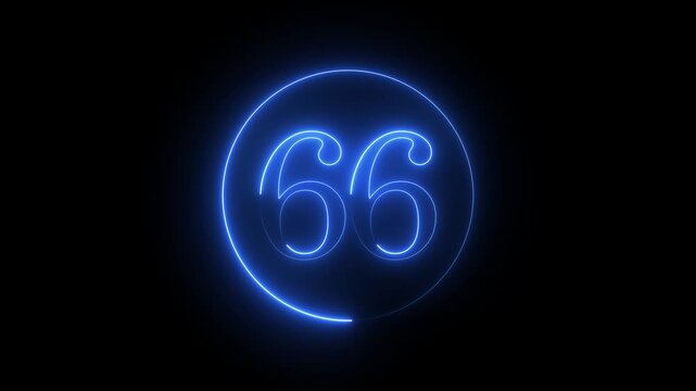 seamless loop of a glowing blue number sixty-six. isolated number 66 animation with a neon light effect. digital display showing the number 66 in blue neon. animated blue neon number 66 in a circle. 