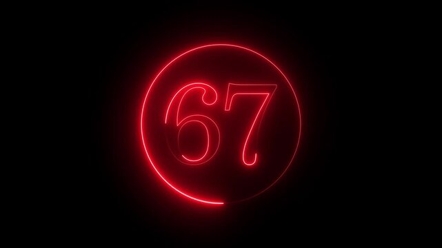 animated red neon number 67 in a circle. seamless loop of a glowing red number sixty-seven. isolated number 67 animation with a neon light effect. digital display showing the number 67 in red neon.