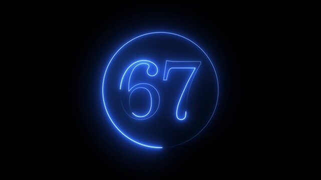 animated blue neon number 67 in a circle. seamless loop of a glowing blue number sixty-seven. isolated number 67 animation with a neon light effect. digital display showing the number 67 in blue neon.