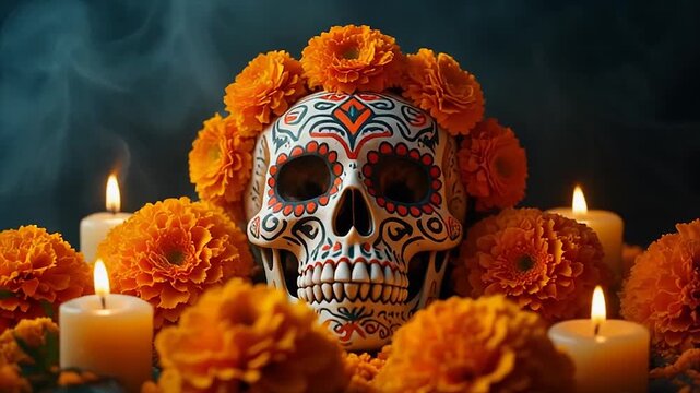 Sugar skull with intricate patterns nestled in marigold flowers. Smoky dark backdrop illuminated by candles. Mystical and spiritual Dia de los Muertos celebration. Soft drifting incense smoke. 