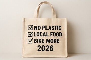 Promoting sustainable choices with a reusable tote bag featuring eco friendly goals for 2026, no plastic, local food, and biking