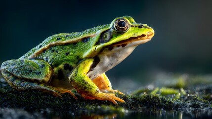 Obraz premium Vivid Green Frog Sitting on Moss in Natural Environment with Bright Lighting