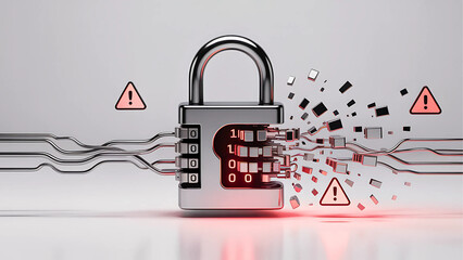 Digital padlock breaking apart with binary code and warning signs