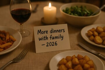 Warmly lit table setting featuring pasta dish, roasted potatoes, salad, wine, candle, and a note expressing the desire for more family dinners in 2026
