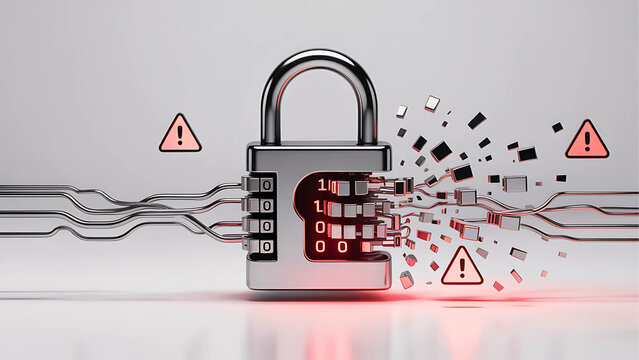 Digital padlock breaking apart with binary code and warning signs