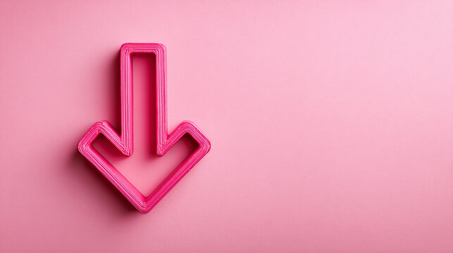 Pink down arrow against a pink background. Directional sign with a minimalist aesthetic. Emphasizes downward movement and guidance.