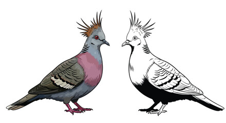 Crested Pigeon Coloring Page with Outline Match Printable Educational Bird Activity Sheet