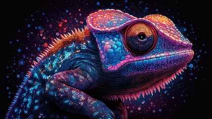 Vibrant Chameleon Close-up, Night Sky Background
