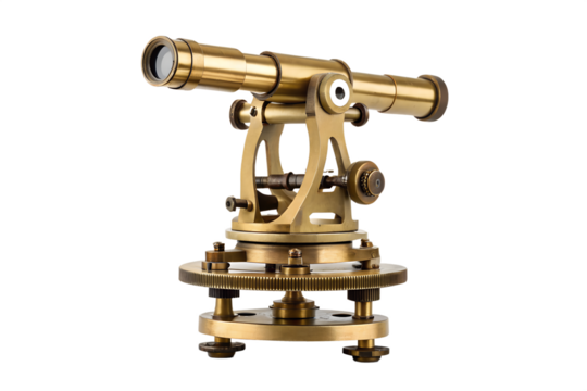 An antique brass theodolite, a vintage optical surveying instrument with a telescope, isolated on a white background for geodesy and cartography