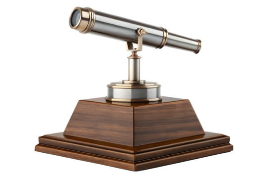 Elegant vintage telescope with a wooden base, a symbol of exploration and discovery, isolated on white background
