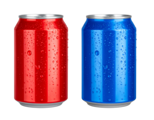  Red and Blue Beverage Cans with Water Droplets, Front View, Transparent PNG